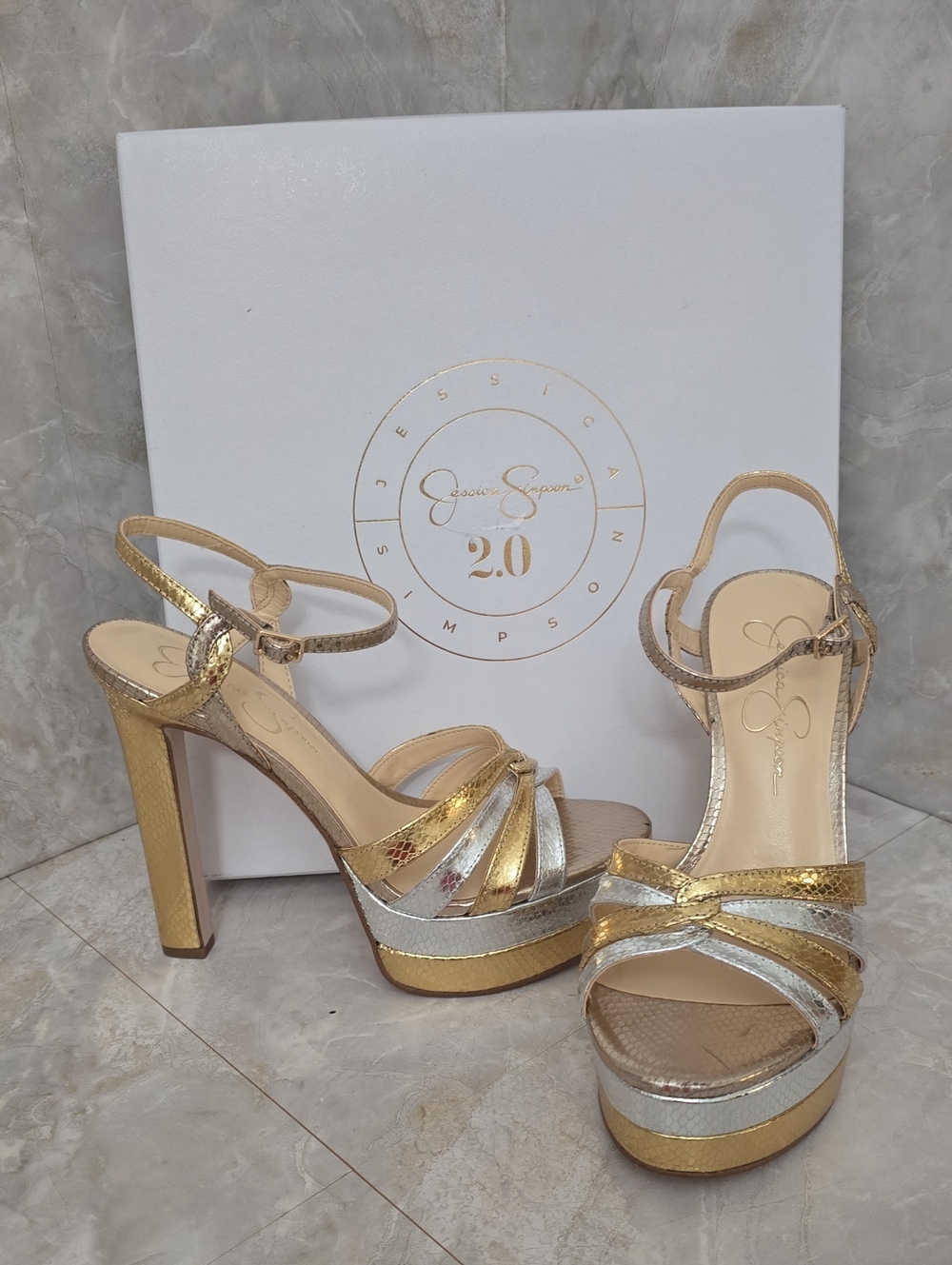 Jessica Simpson Itzari Metallic Gold Silver Double Platform Sandals Size 8.5 NIB